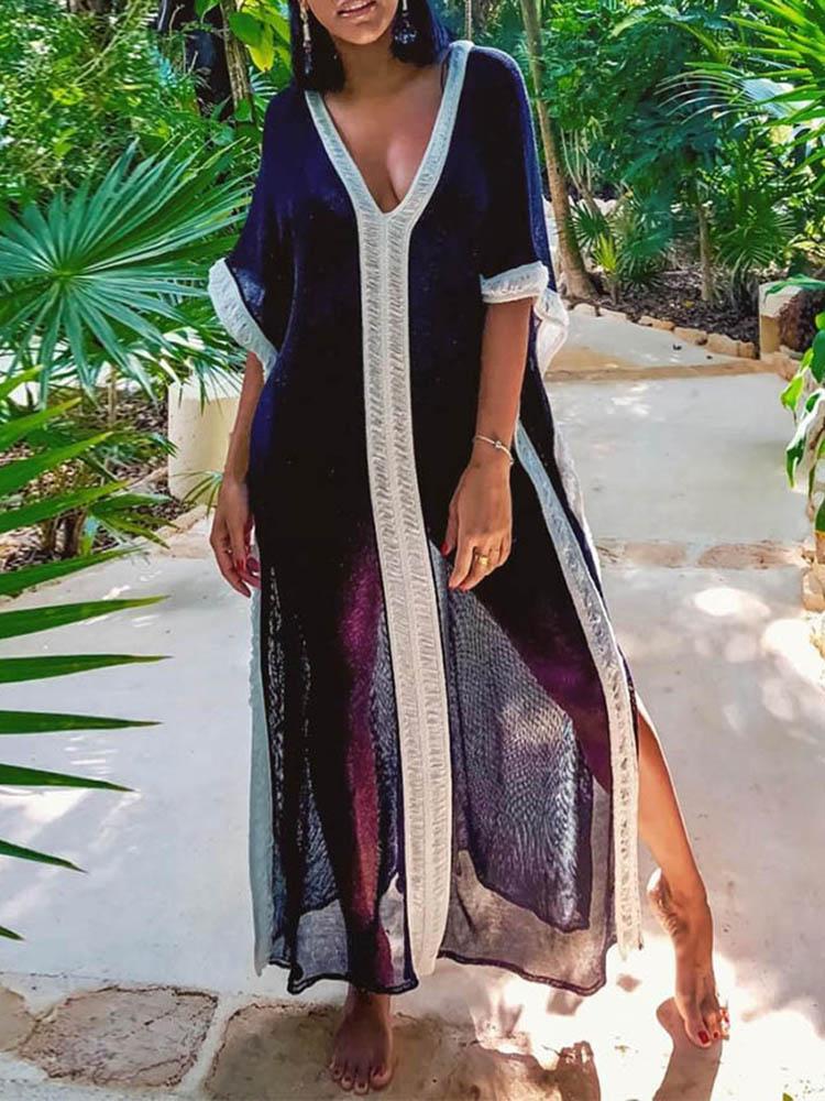 

Patchwork Batwing Sleeve Slit Casual Dress