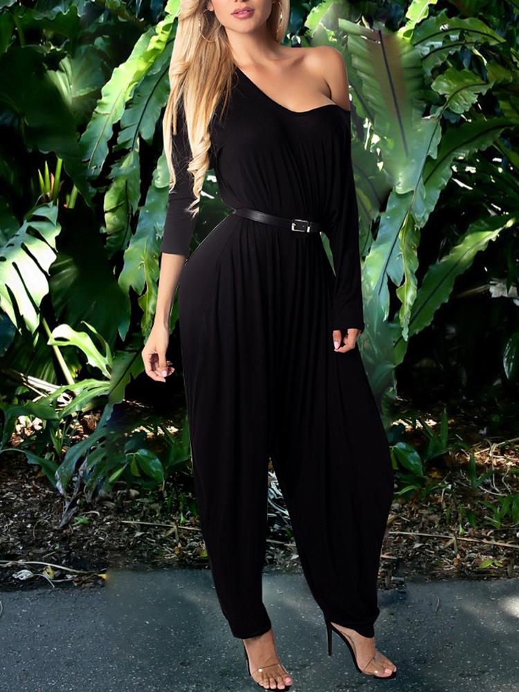 

Solid Skew Neck Backless Harem Jumpsuits