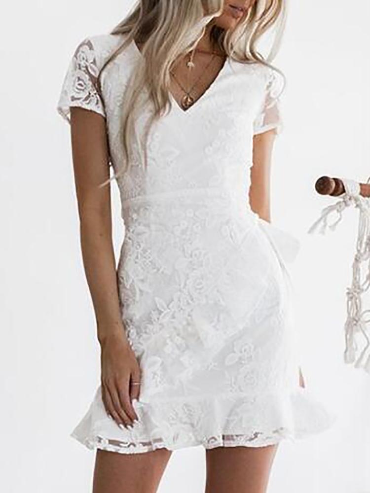 

Flower Lace Sheer Flutter Hem Bodycon Dress, White
