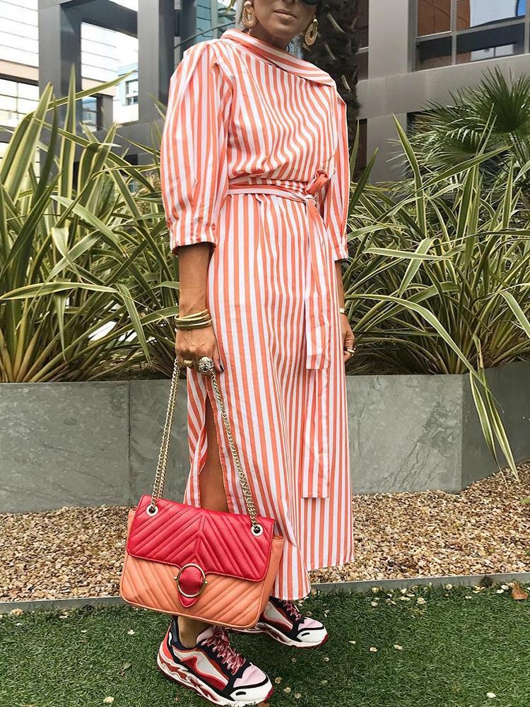 

Striped Skew Neck Slit Side Belted Casual Dress
