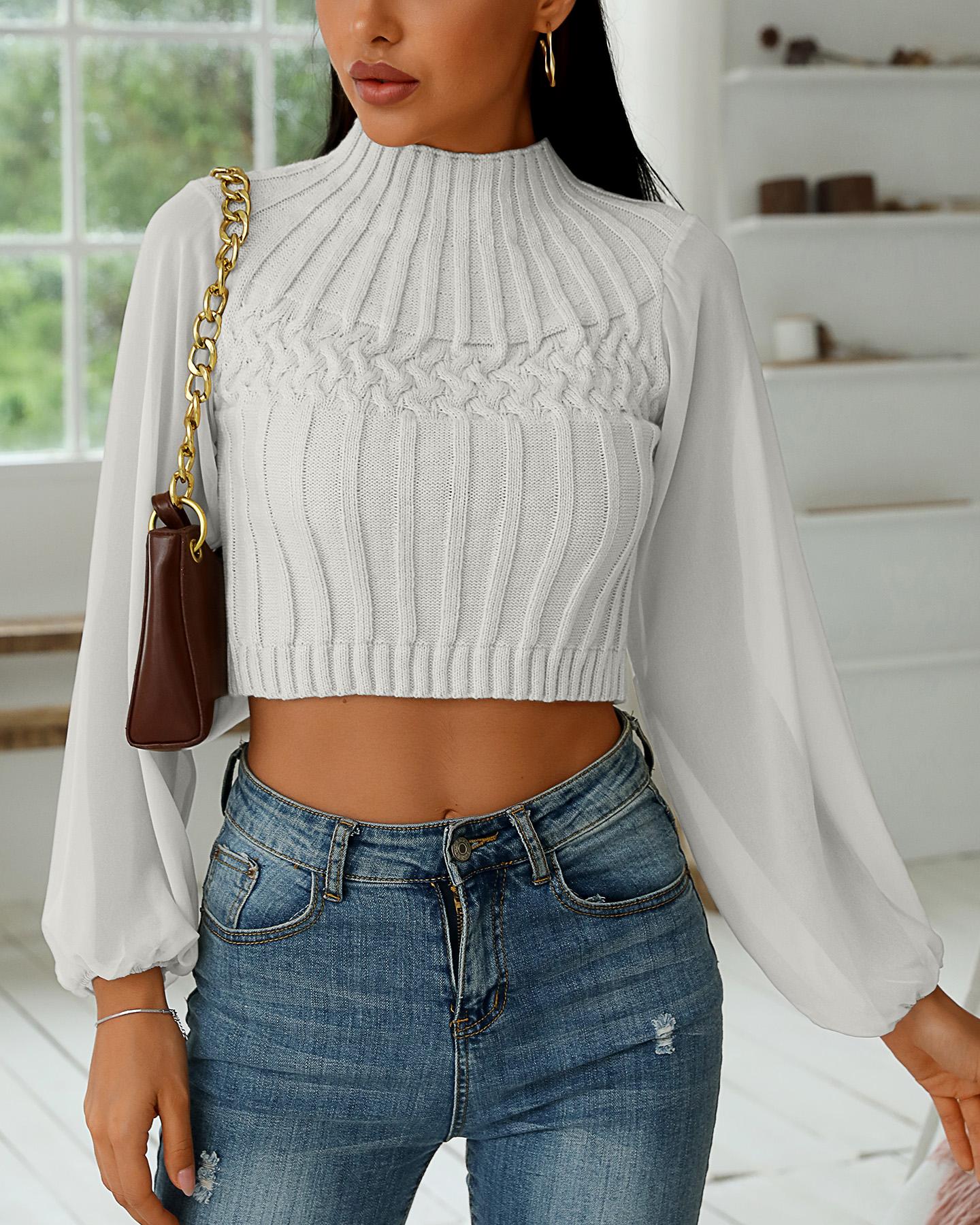 

Sheer Mesh Lantern Sleeve Knit Crop Top, White