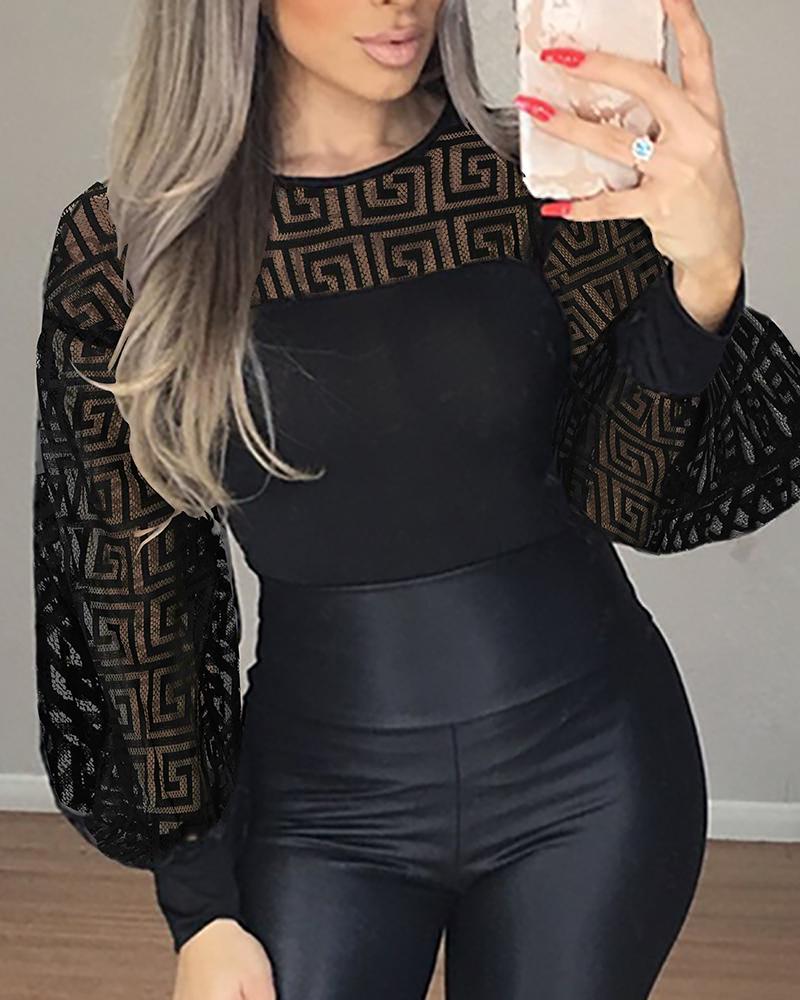 

G-inspired Mesh Lantern Sleeve Blouse, Black