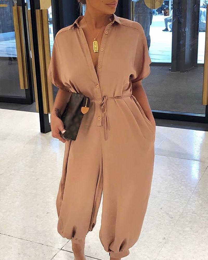 

Solid Short Sleeve Buttoned Jumpsuits, Khaki