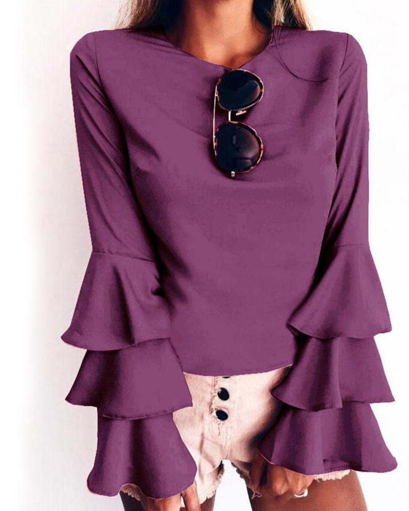 

Casual Ruffle Long Sleeve Blouse, Purple