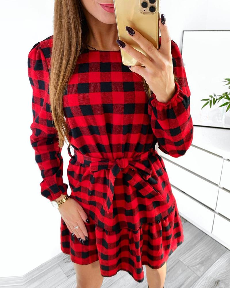 

Plaid Print Long Sleeve Dress, Red