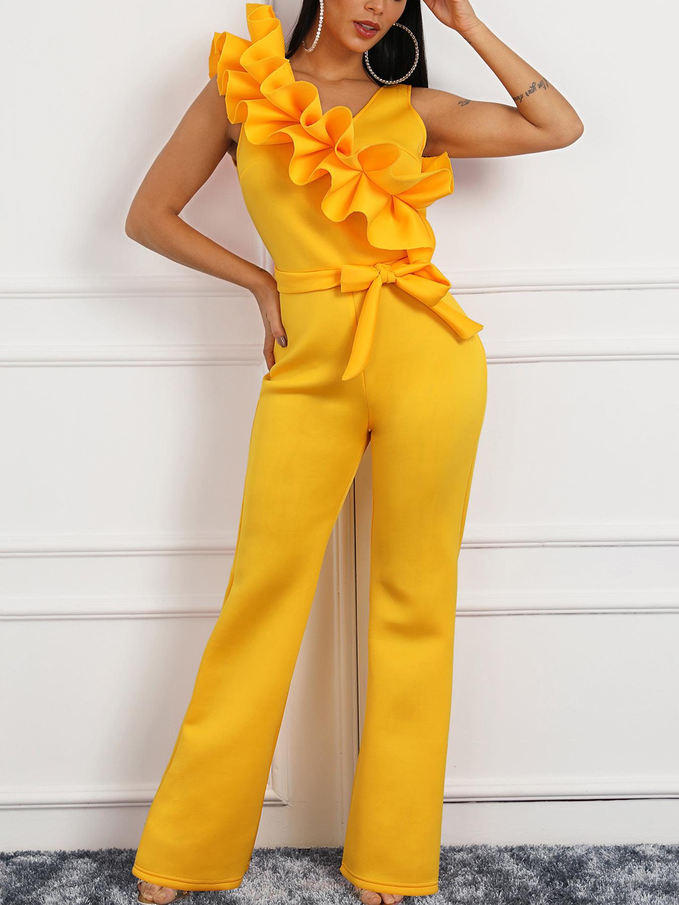 

Ruffles Design Belted Wide Leg Jumpsuit, Yellow