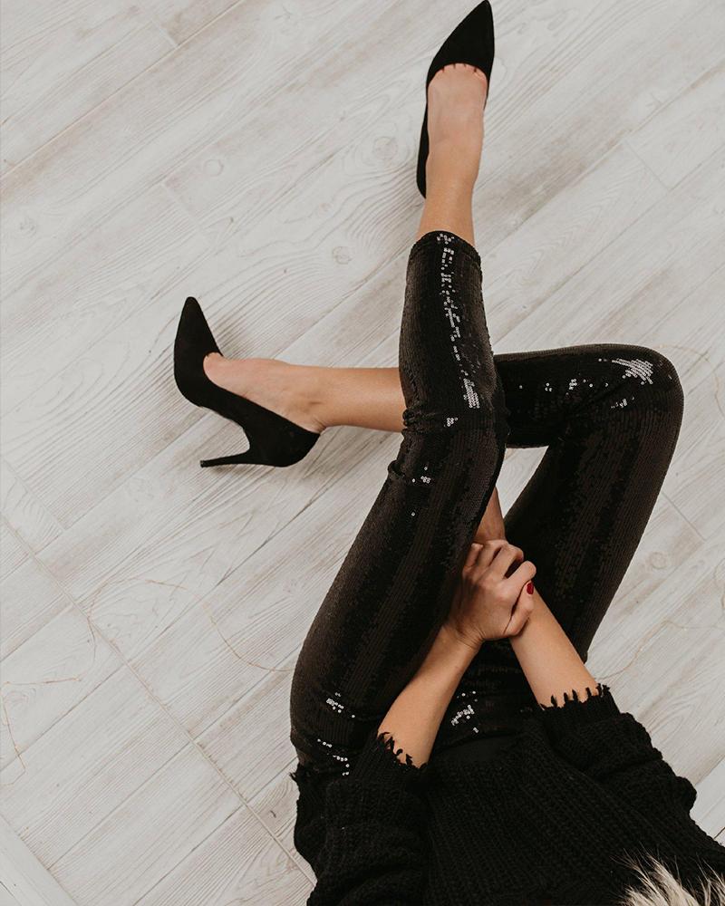 

Sequin Skinny Long Pants, Black