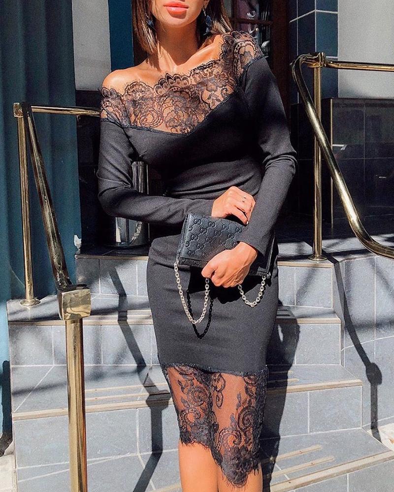 

Off Shoulder Long Sleeve Lace Dress, Black