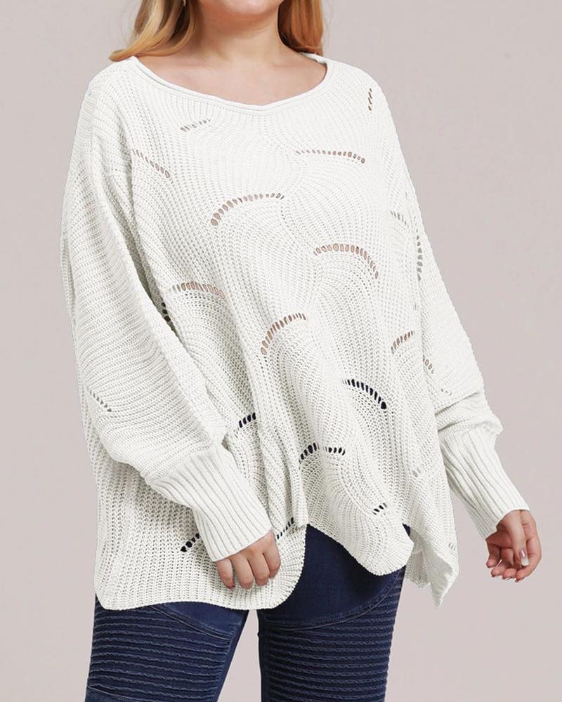 

Plus Size Plain Batwing Sleeve Hollow-out Sweater, White