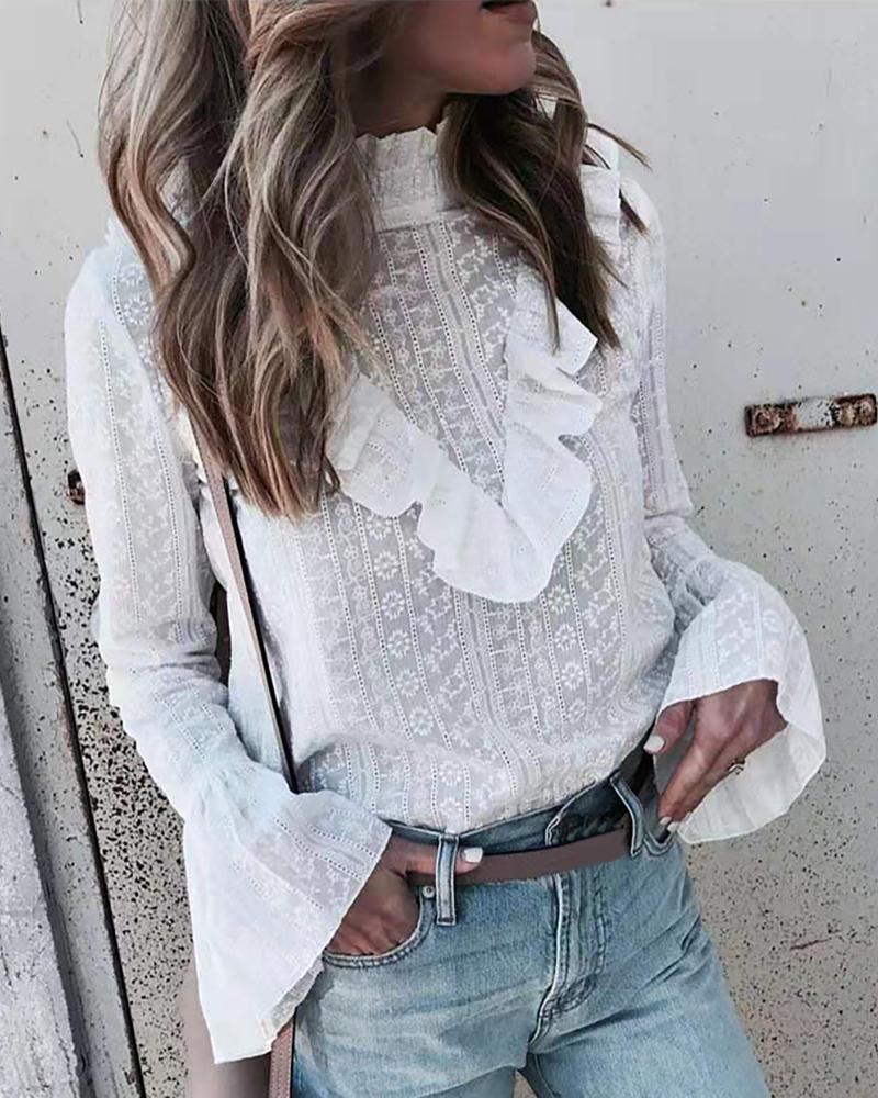 

High Neck Ruffles Bell Cuff Blouse, White