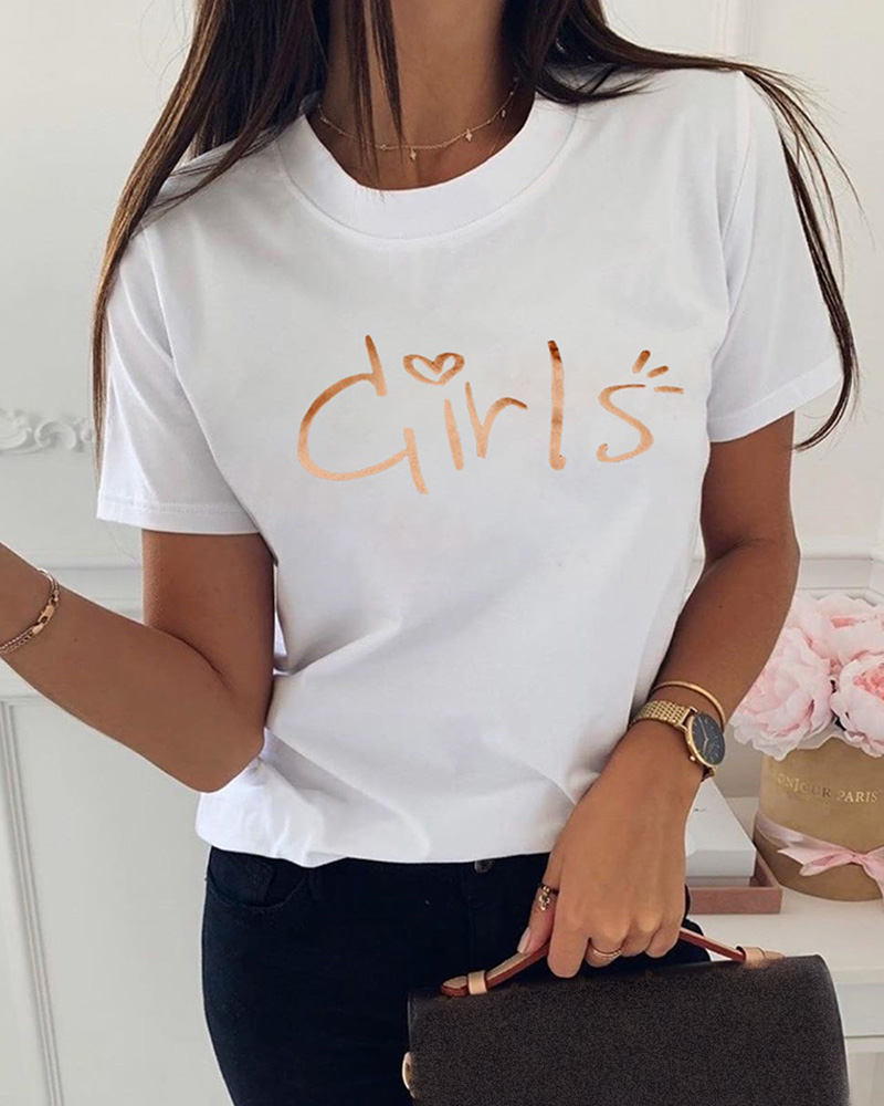 

Letter Print Round Neck T-Shirt, White