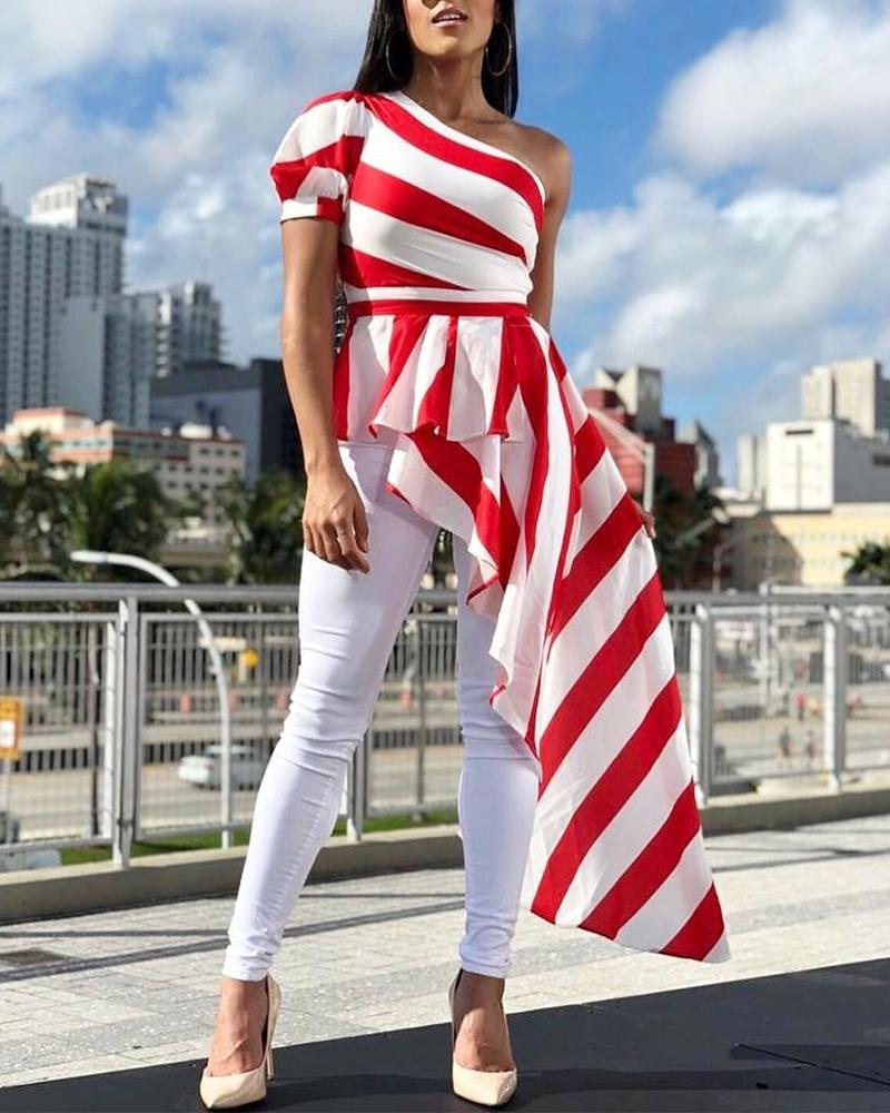 

Striped One Shoulder Ruffles Irregular Blouse