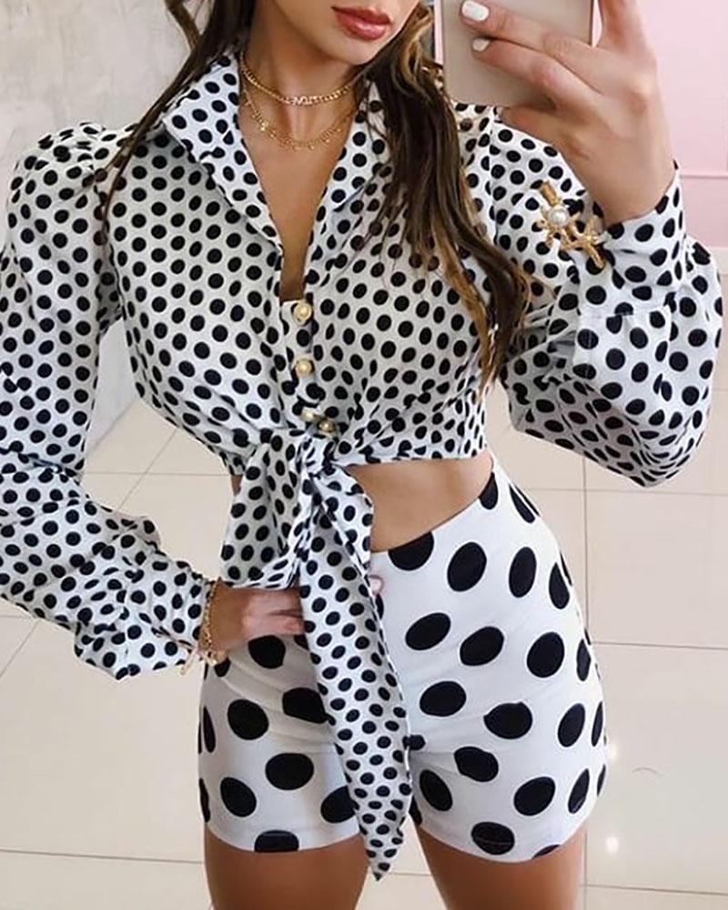 

Polka Dot Print Long Sleeve Casual Top & Shorts Set, White