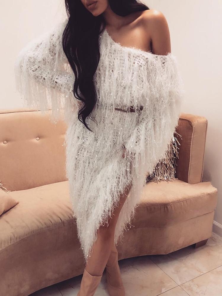 

Fluffy Taseel Cold Shoulder Slit Irregular Dress