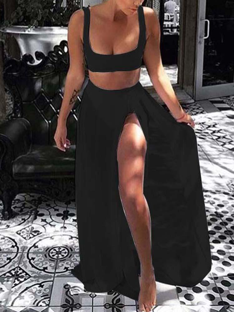 

Sexy Solid Bikini Wtih High Slit Skirt Sets, Black