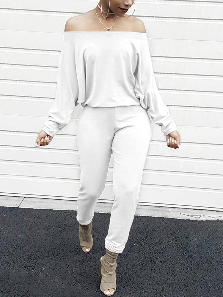 

Fashion Solid Off Shoulder Shirring Waist Jumpsuit