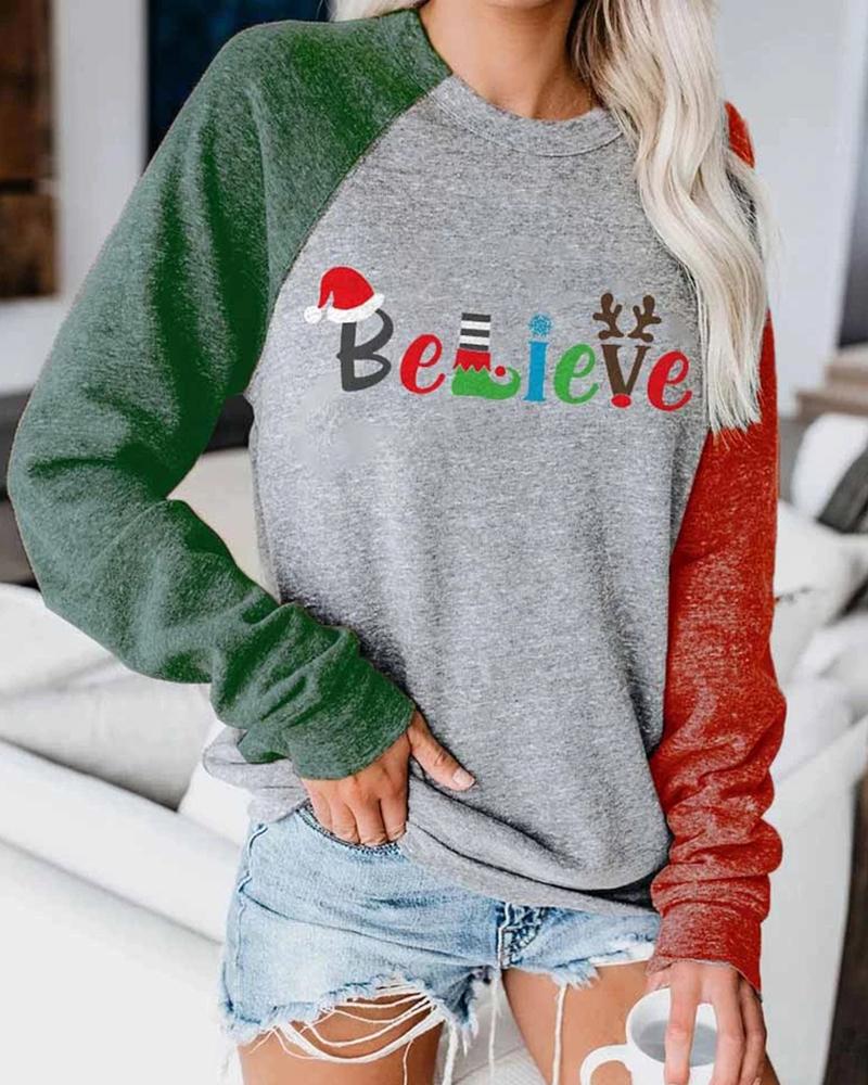 

Christmas Letter Print Colorblock Top, Gray
