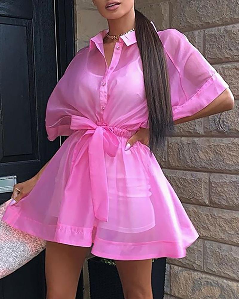 

Solid Semi Sheer Bowknot Shirt Dress, Pink