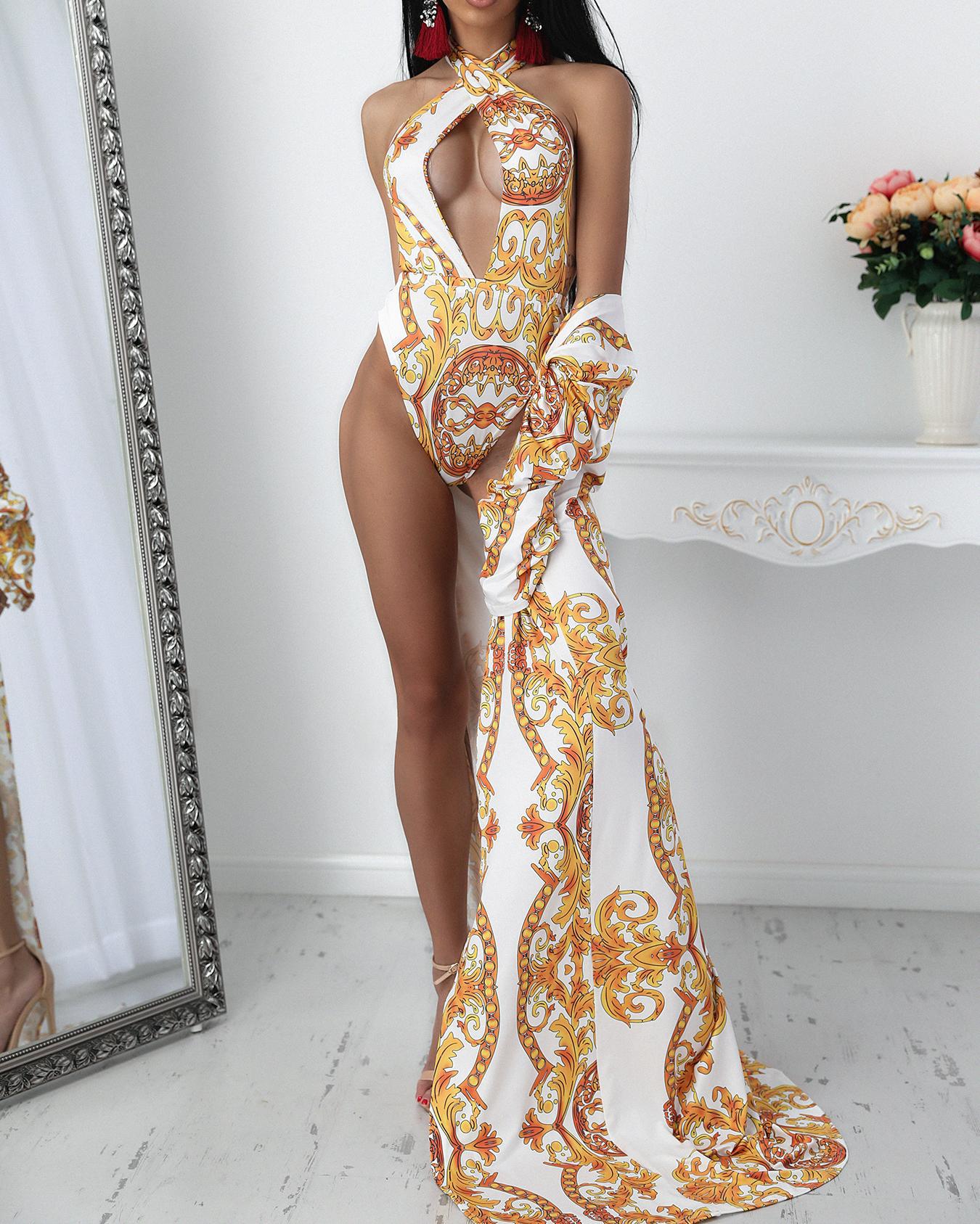 

Retro Print Cutout One-Piece Cover Up Swimsuit, Gold