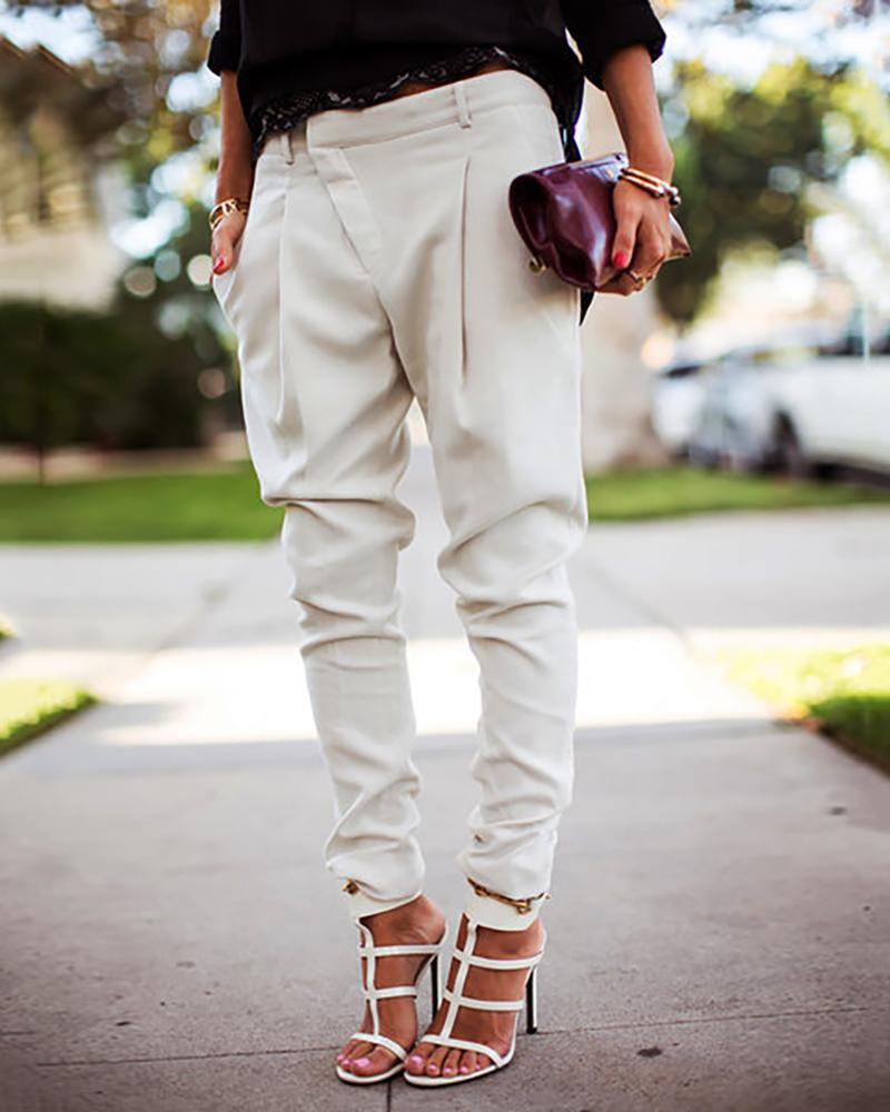 

Solid Pocket Design Casual Pants, White