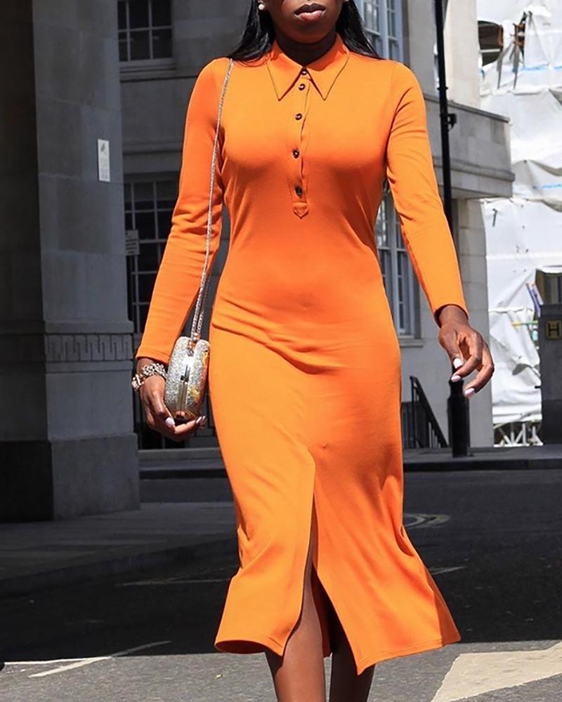 

Turn-down Collar Buttoned Slit Bodycon Dress