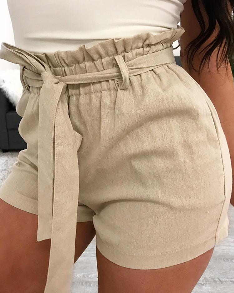 

Solid Frill Waist High Waist Shorts