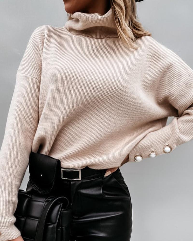 

High Neck Buttoned Long Sleeve Casual Sweater, Apricot