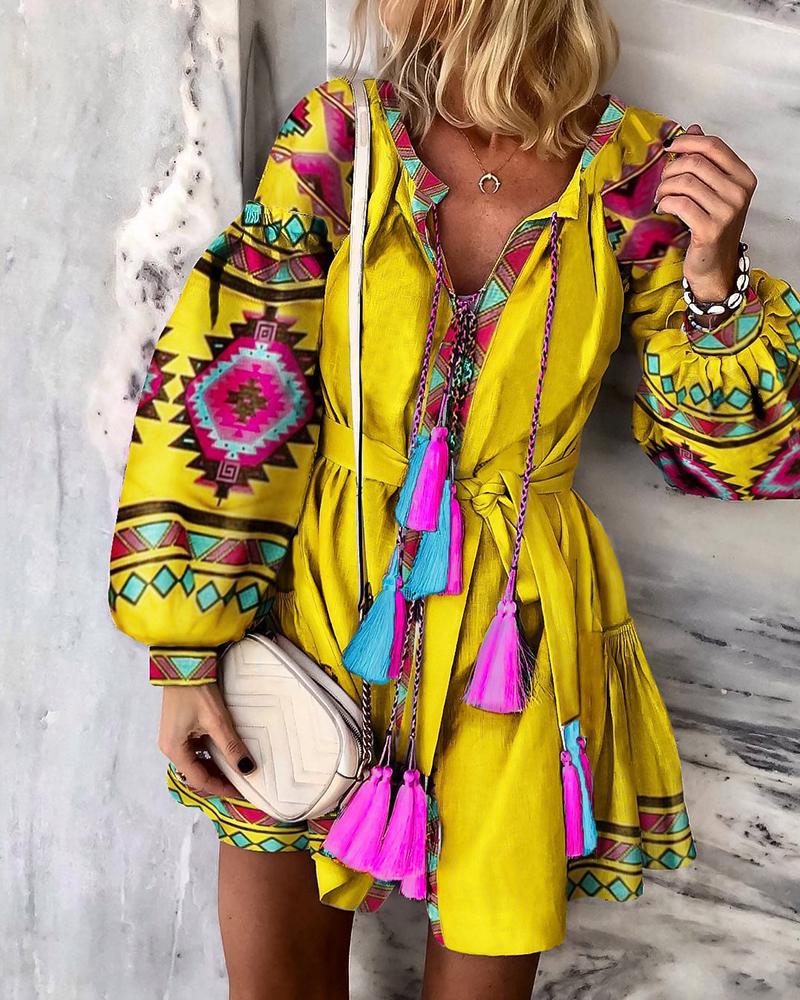 

Ethnic Printed Lantern Sleeve Casual Dress, Yellow