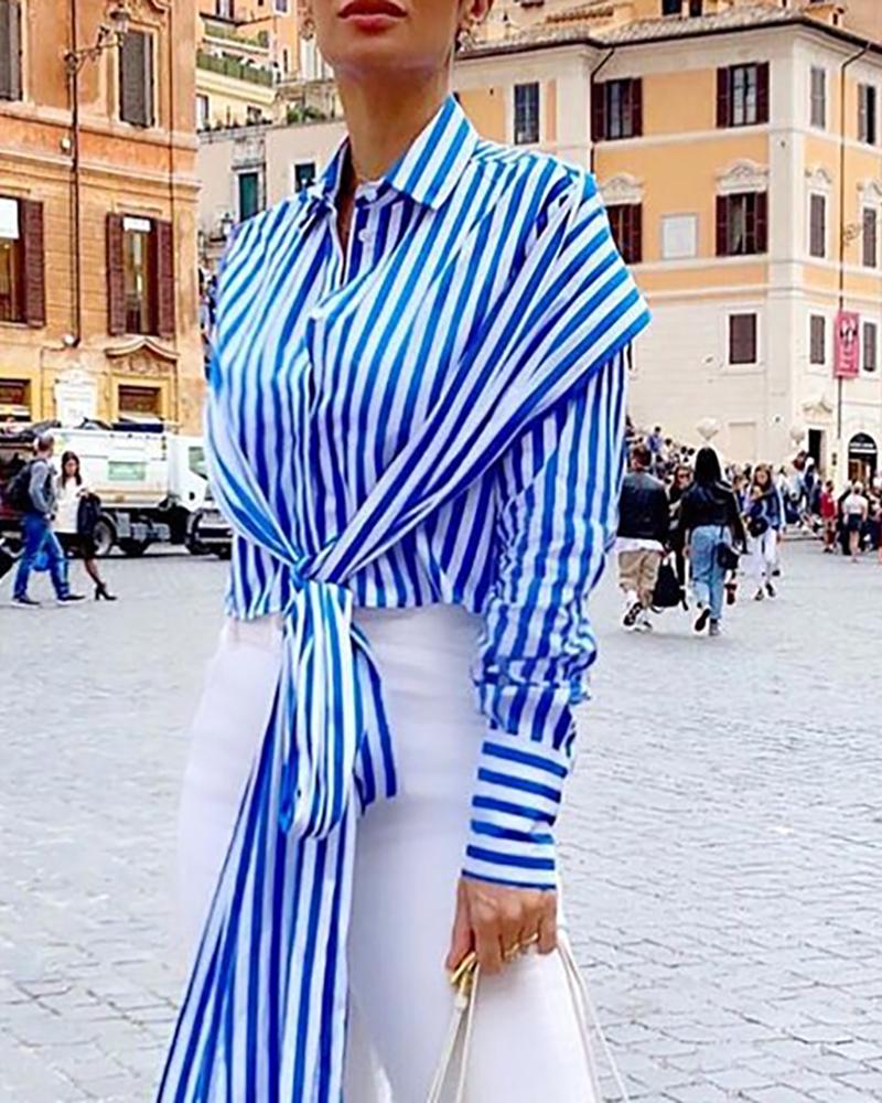 

Long Sleeve Striped Knotted Blouse
