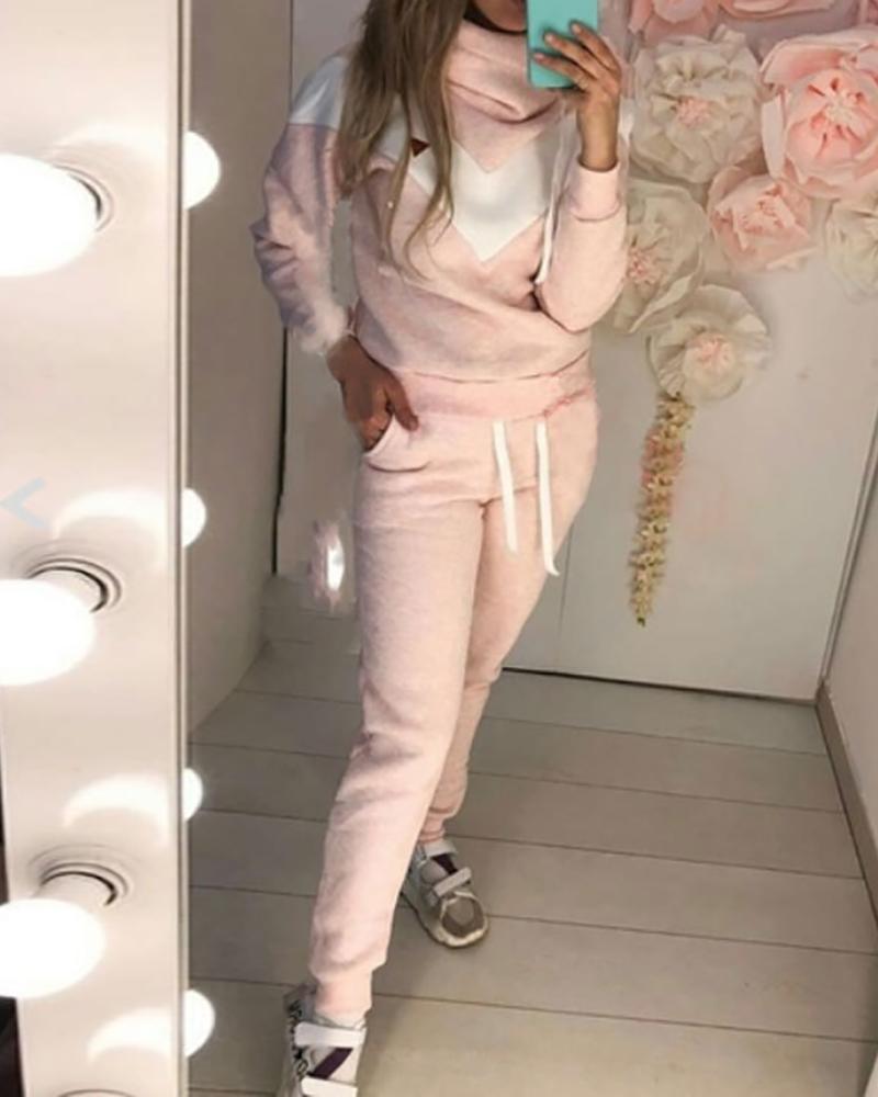 

Colorblock Hooded Top & Drawstring Pockets Design Pants Set, Pink