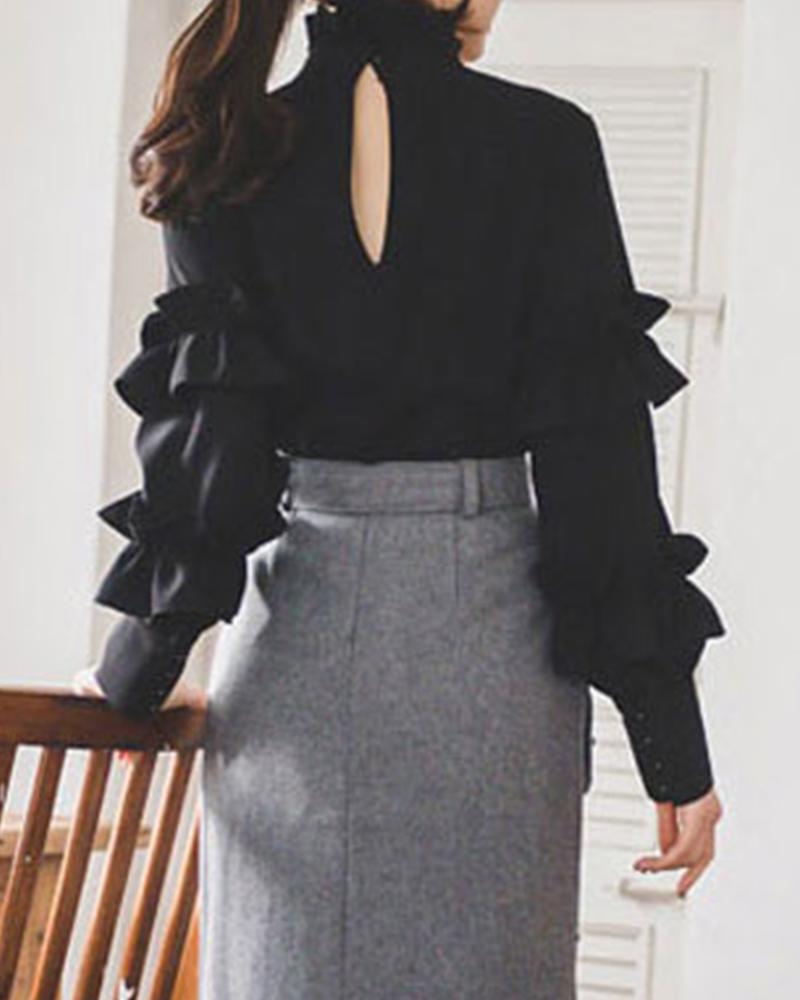 

High Neck Ruffle Sleeve Shirt, Black