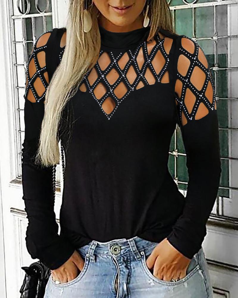 

Studded Hollow Out Casual Top, Black
