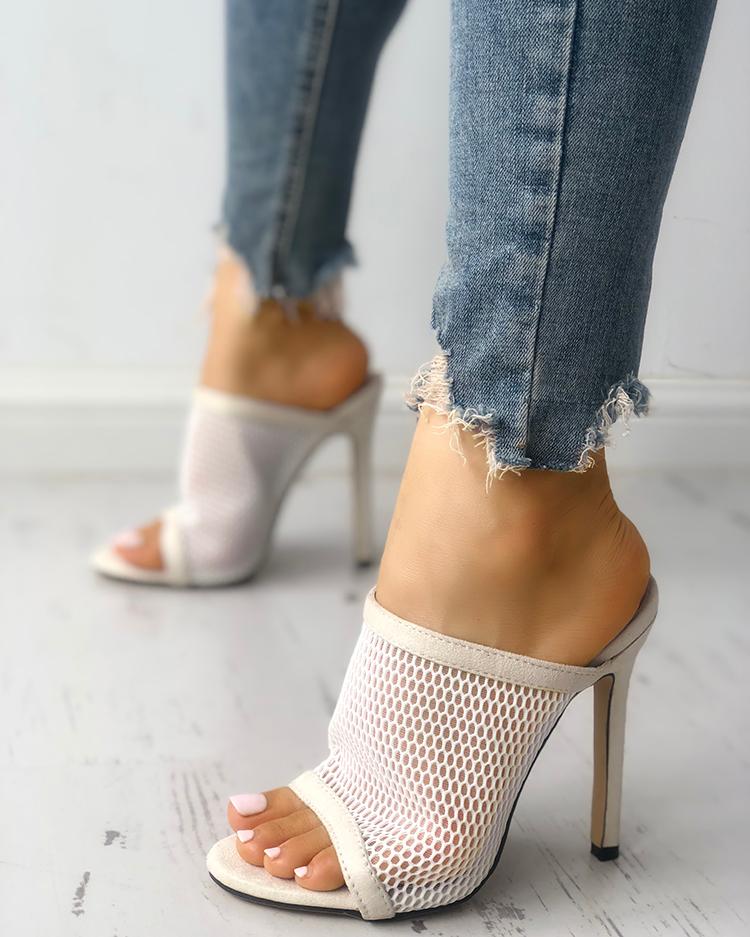 

Fishnet Peep Toe Thin Heeled Sandals, White