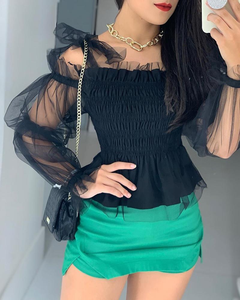

Mesh Shirring Design Frill Hem Blouse, Black