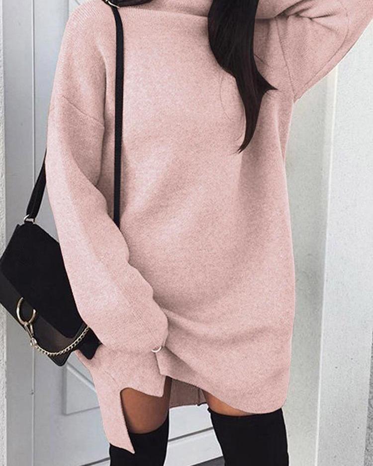 

Solid High Neck Slit Casual Dress, Pink