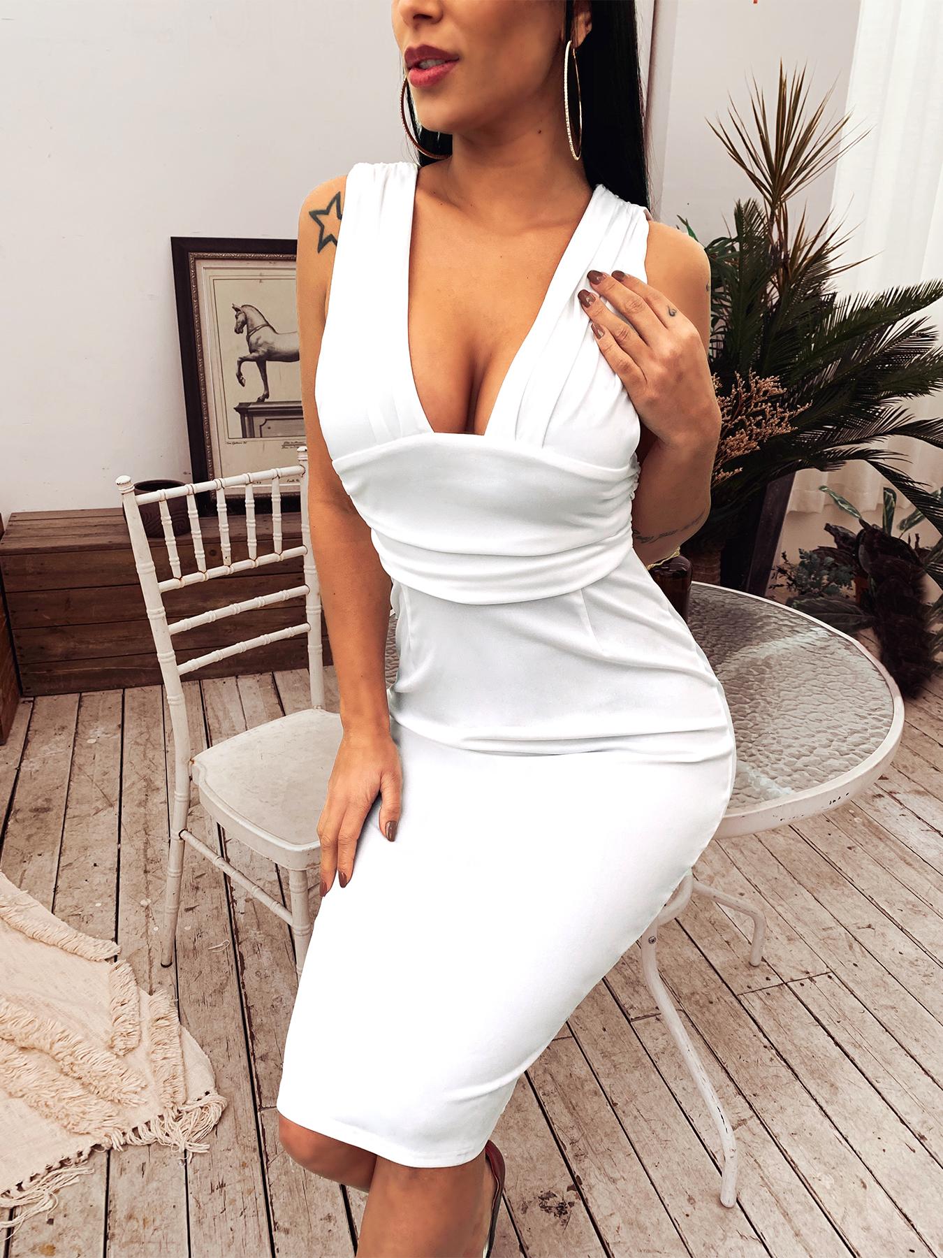 

Plunge Open Back Ruched Bodycon Dress, White