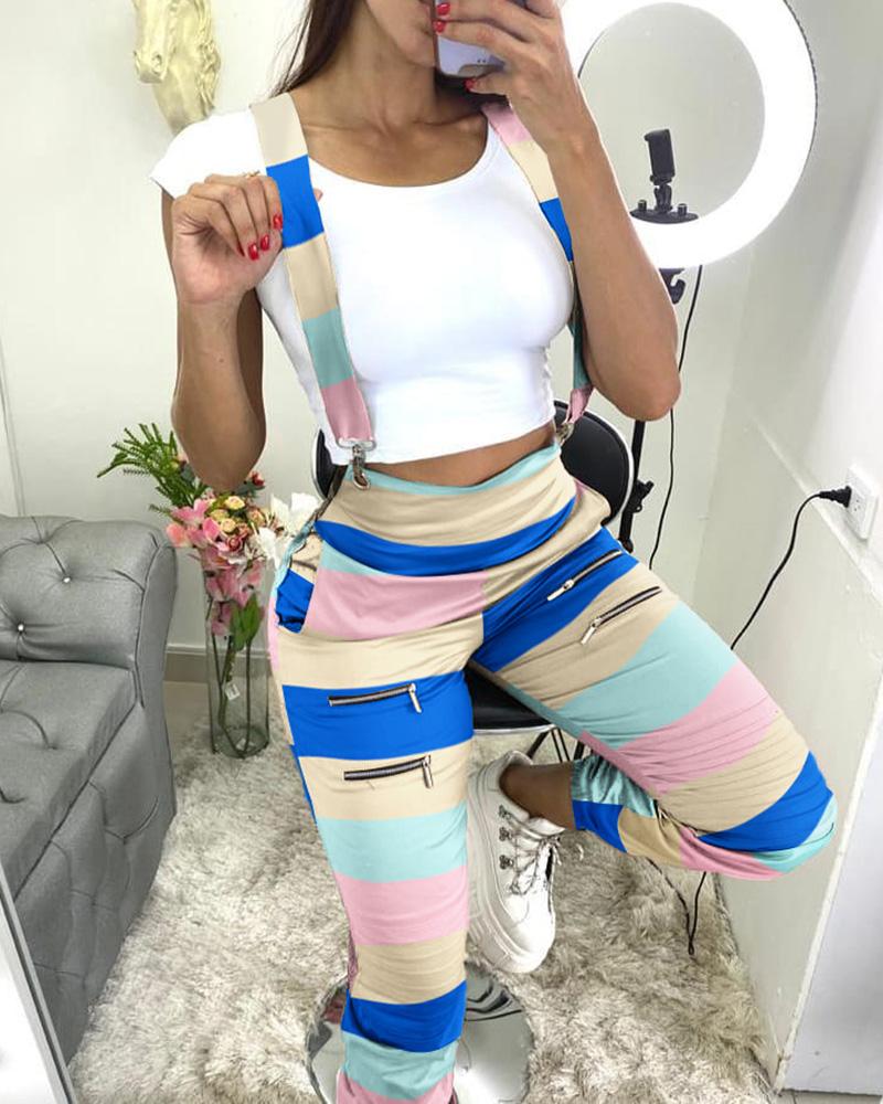

Zip Pocket Design Colorblock Suspender Jumpsuit, Multicolor