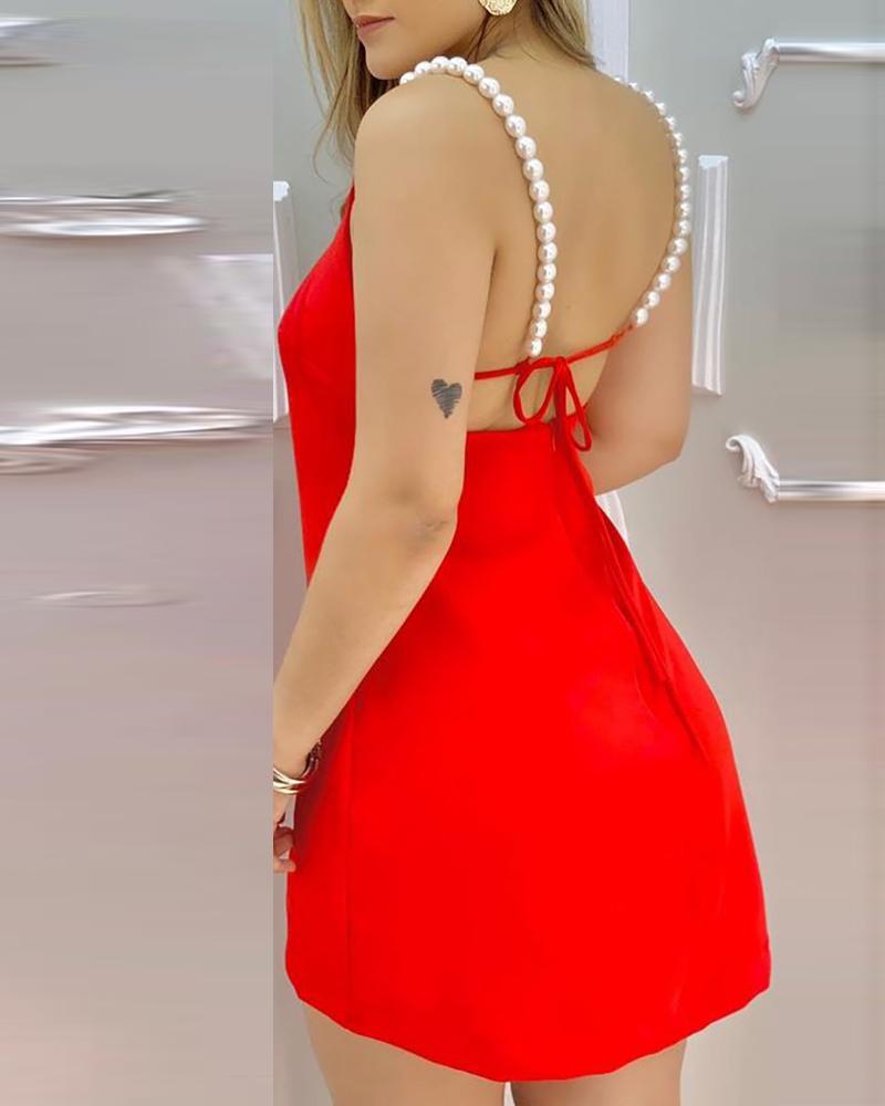 

Beaded Strap Backless Dress, Red