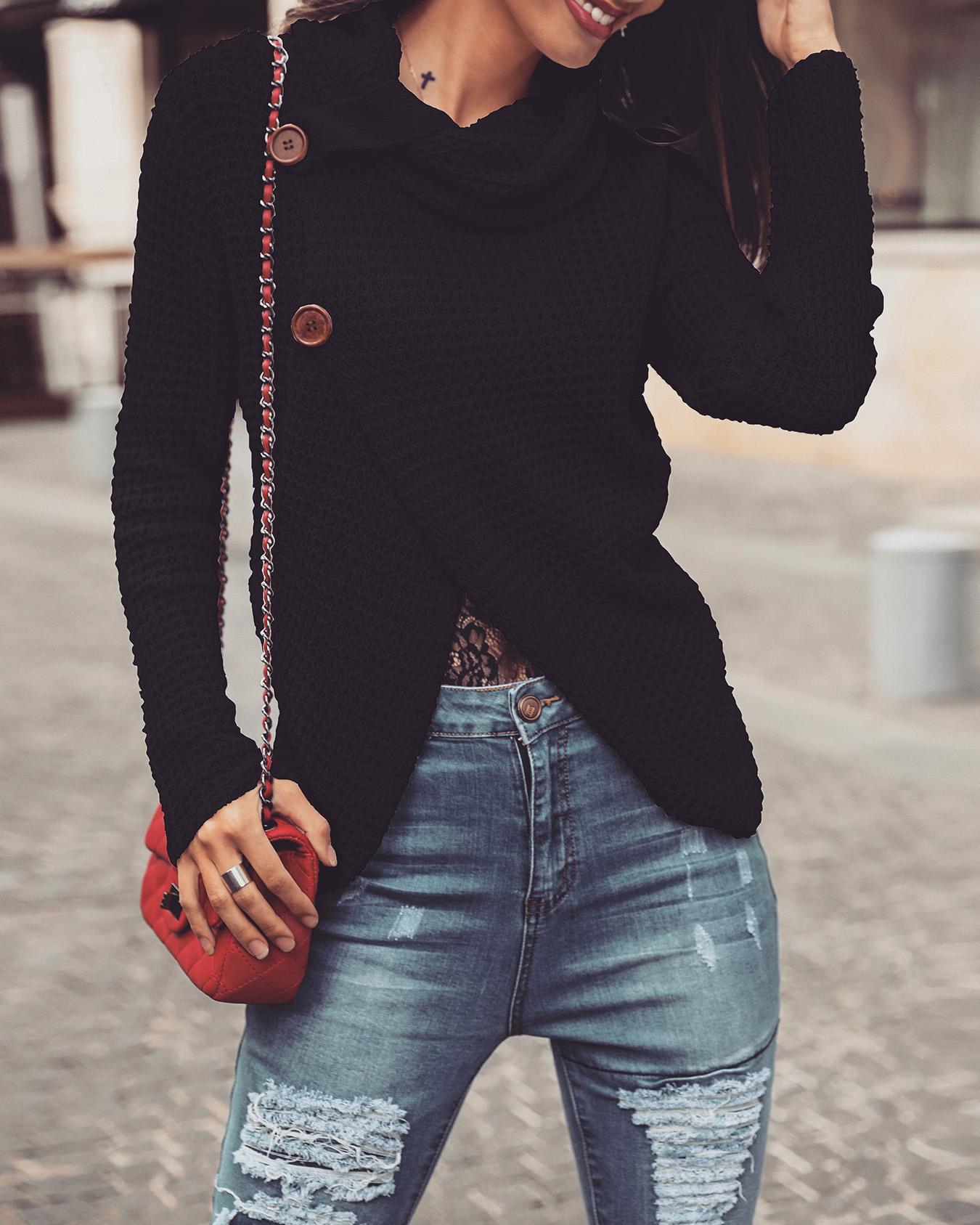 

Solid Long Sleeve Heap Neck Irregular Sweaters, Black