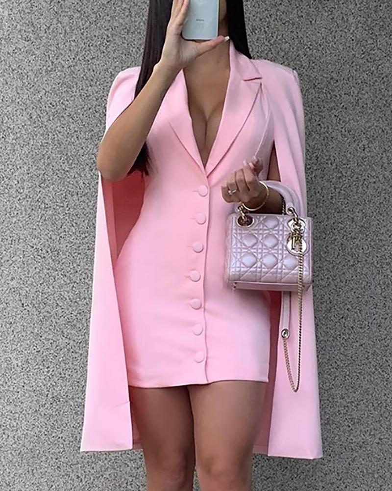 

Solid Cape Design Buttoned Blazer Dress, Pink