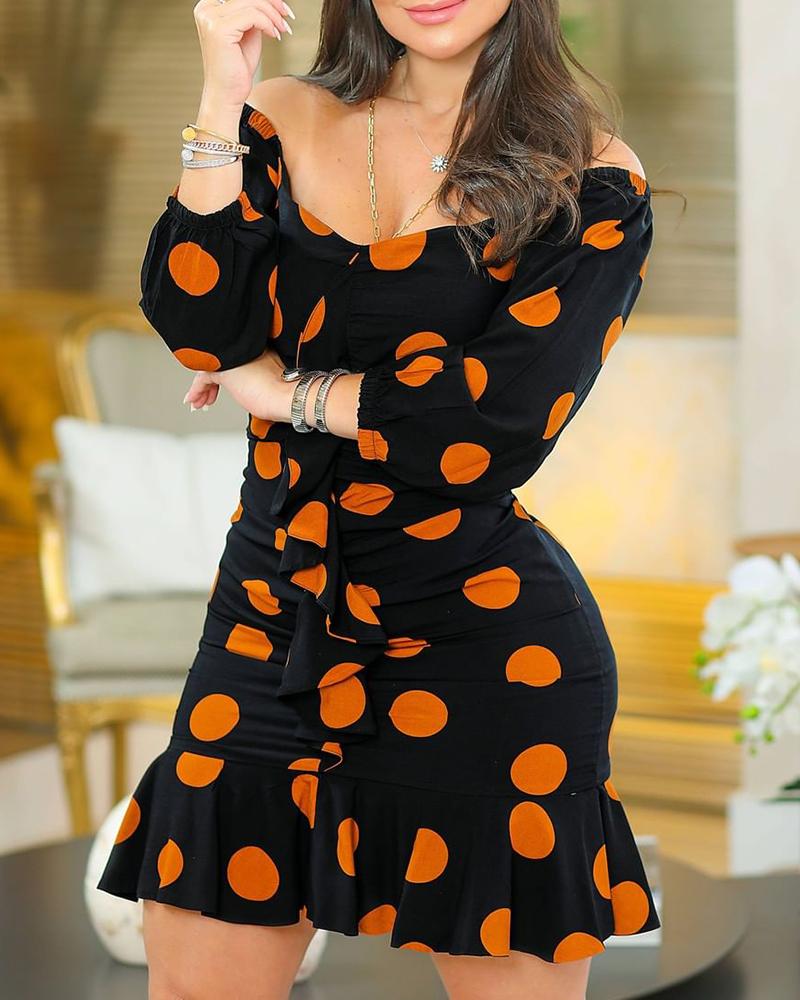 

Off Shoulder Polkadot Print Ruched Bodycon Dress, Yellow