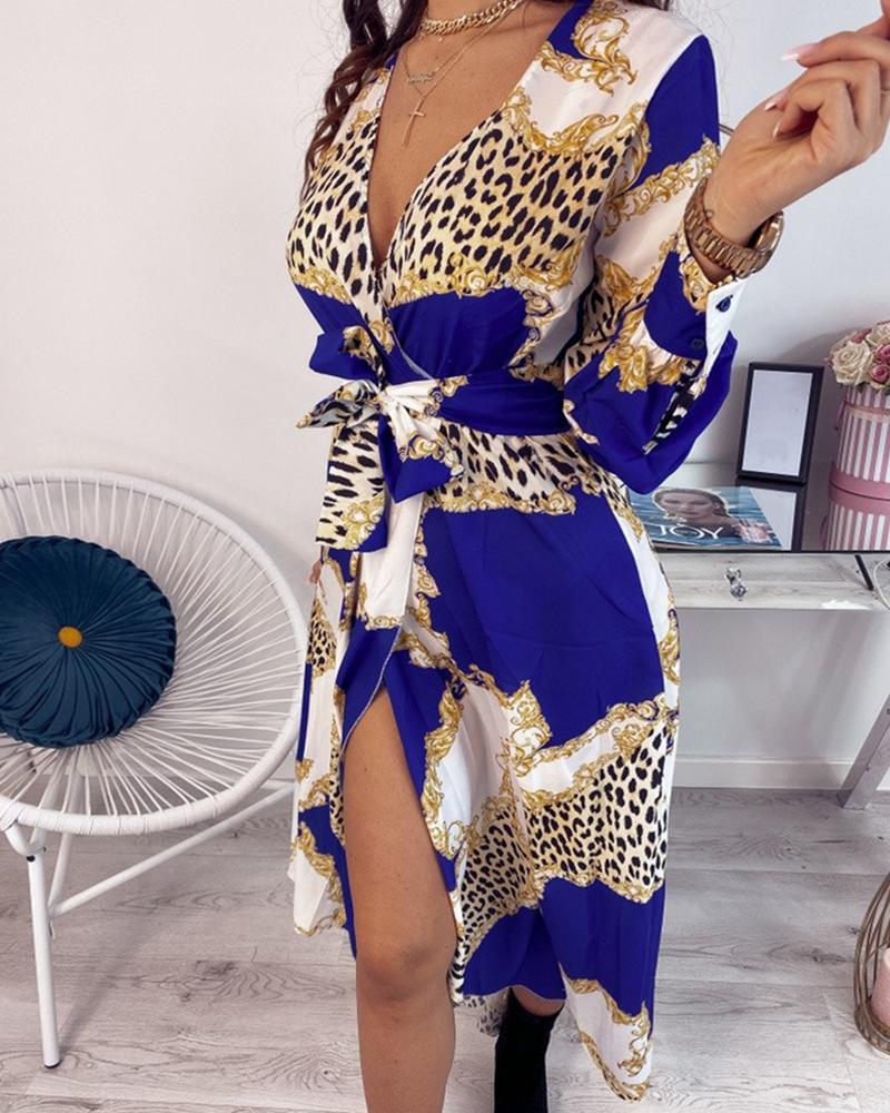 

Baroque Print Deep-V Neck Slit Wrap Dress, Blue