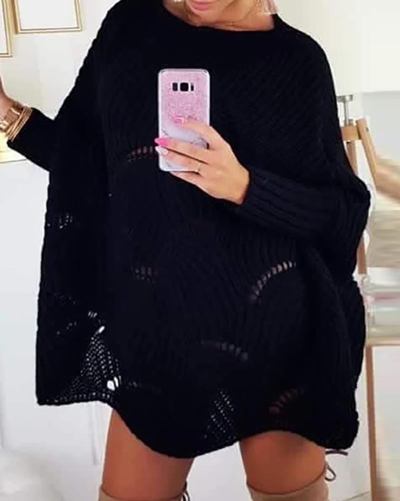 

Solid Hollow Out Batwing Sleeve Knit Sweater Dress, Black