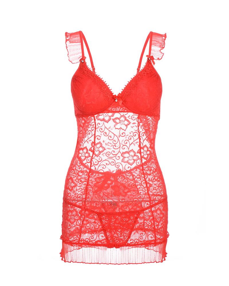 

Frill Hem Floral Lace Backless Babydoll, Red