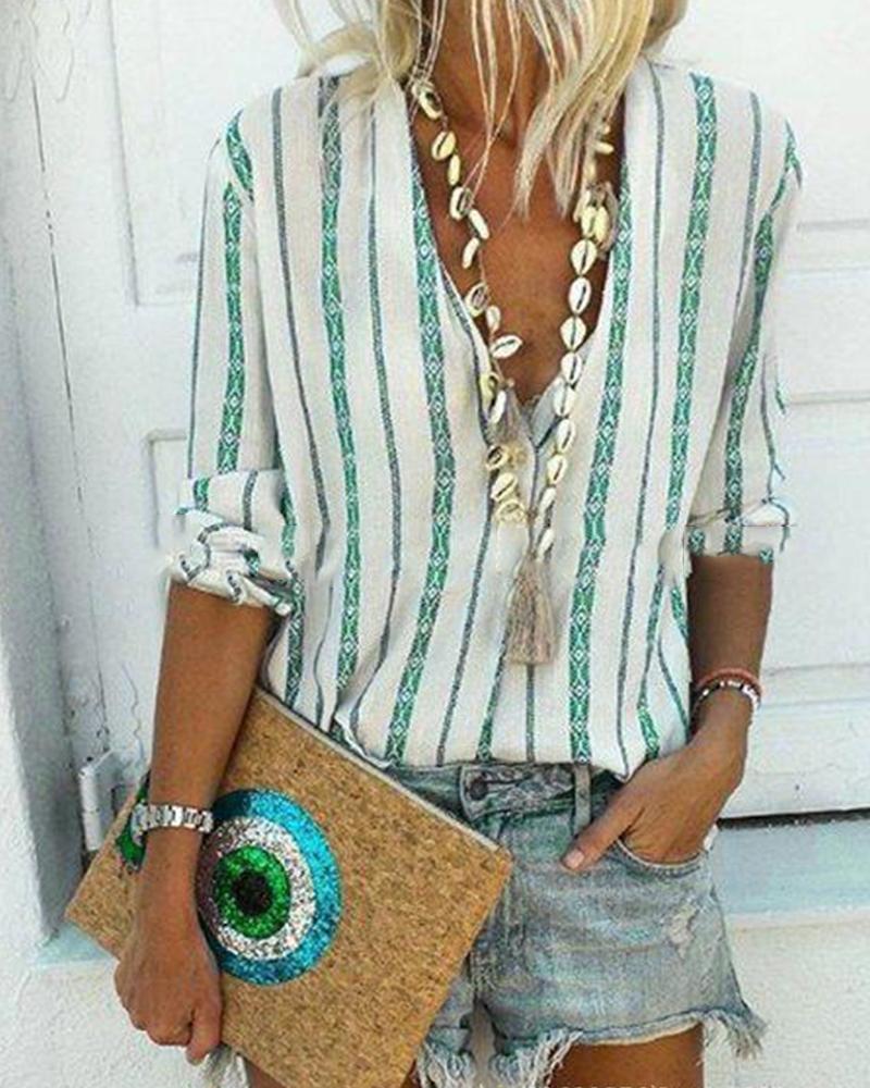 

Striped V-Neck Shirt, Green