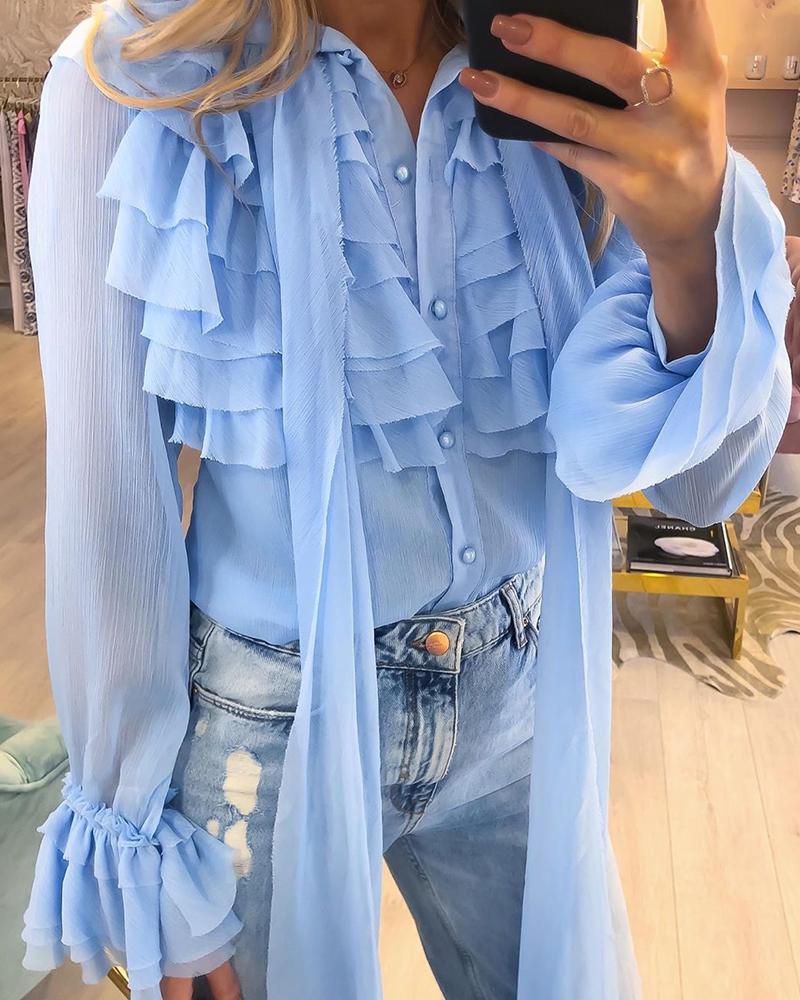 

Tied Neck Layered Ruffles Lace Shirt