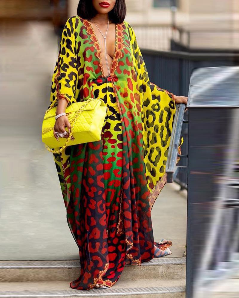 

Leopard Print Plunge Cover Up And Pant Sets, Multicolor