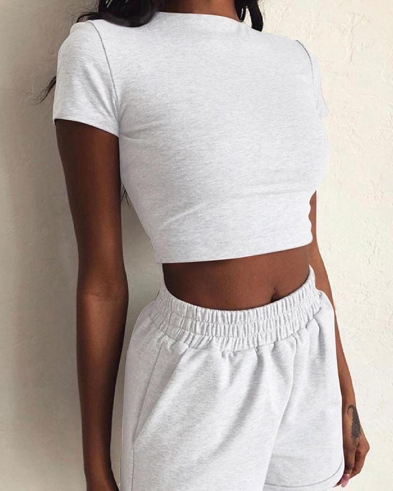 

Solid Short Sleeve Casual Top & Short Set, White