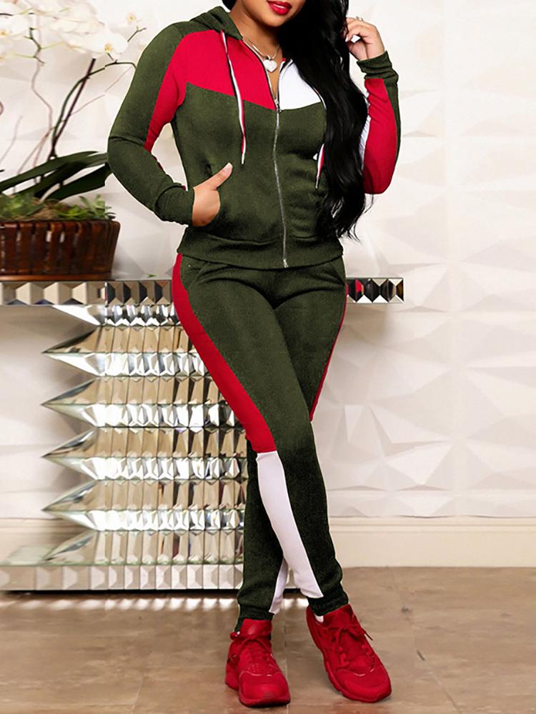 

Colorblock Hooded Zipper Jacket & Pants Set