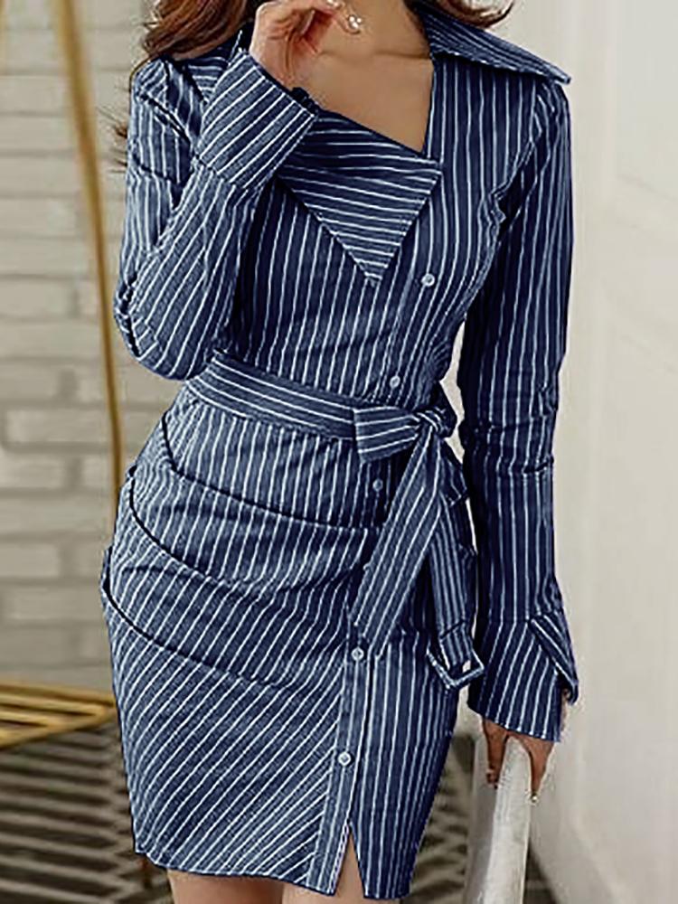 

Pinstripes Ruched Irregular Belted Shirt Dress, Dark blue